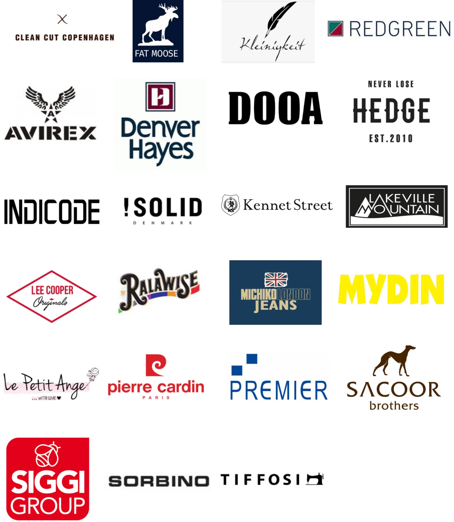 Client brand logos including Lee Cooper, Pierre Cardin, Avirex, Fat Moose, Denver Hayes, Sacoor Brothers and more